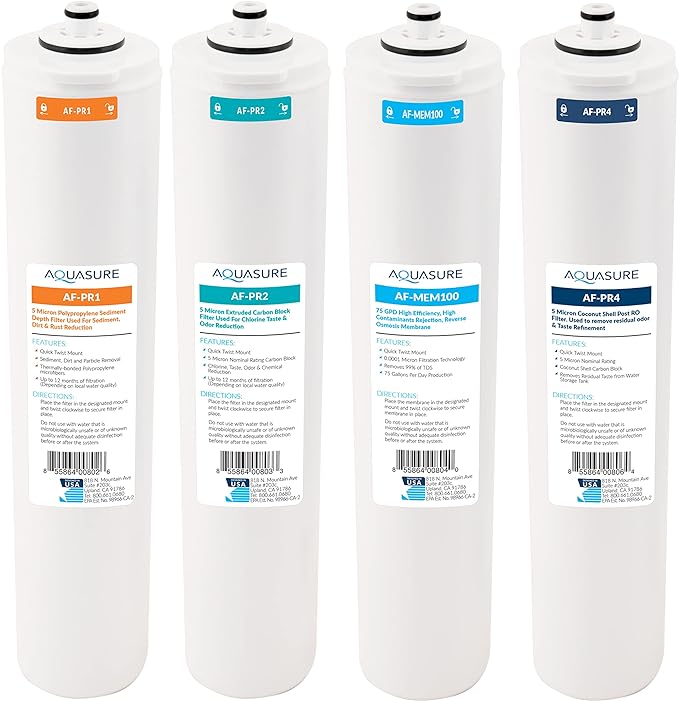 Aquasure Premier Series Complete 4-Stage Quick Twist Filter Replacement Cartridge Bundle Set AF-CP100 | Compatible with AS-PR100 Under Sink Reverse Osmosis RO Filtration System for Well Water
