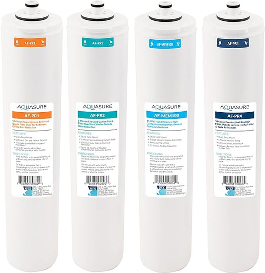 Aquasure Premier Series Complete 4-Stage Quick Twist Filter Replacement Cartridge Bundle Set AF-CP100 | Compatible with AS-PR100 Under Sink Reverse Osmosis RO Filtration System for Well Water