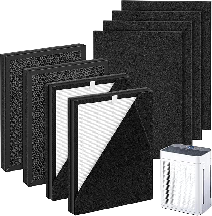 4 Pack K2 Replacement Filter Compatible with LUNINO K2 &TER Air MK-AP01 Air Purifier, 3-Stage Double-sided HEPA Filters & 4 Washable Carbon Pre-filters