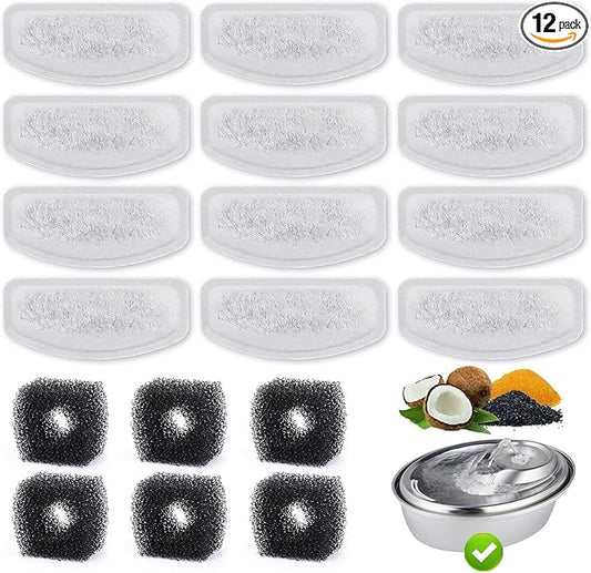 12 Pack Replacement Filters for D60 100oz/3L Automatic Pet Fountain, ZEKIRY Carbon Cat Fountain Filters, Triple Filtration Pet Water Dispenser Filter Replacement(6Pcs Pump Sponges)
