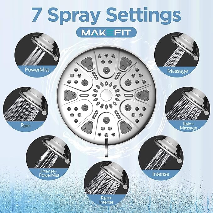MakeFit Filtered Shower Head with Upgraded Activated Carbon Filter - High Pressure Shower Head with Hard Water Softener - 7 Settings Bathroom Rain Showerhead to Remove Chlorine and Heavy Metals