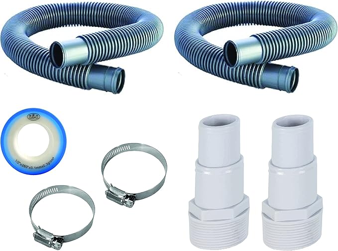FibroPool 1-1/2" Pool Filter Hose Kit 3 Ft 2 Pack - Clamps Adapters & PTFE Tape Included - Universal Above Ground Pool Pump & Sand Filter Hose