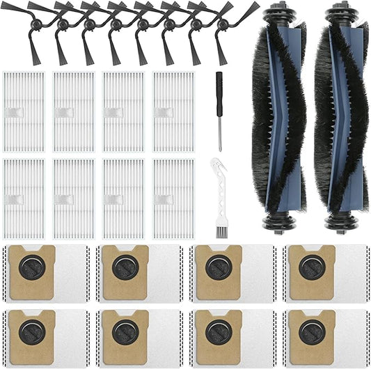 28 Pack Replacement Parts Compatible with Eufy C10 Robot Vacuum, Self Emptying RoboVac Accessories Kit 2 Rolling Brushes, 8 Dust Bags, 8 Side Brushes, 8 Filter Sets
