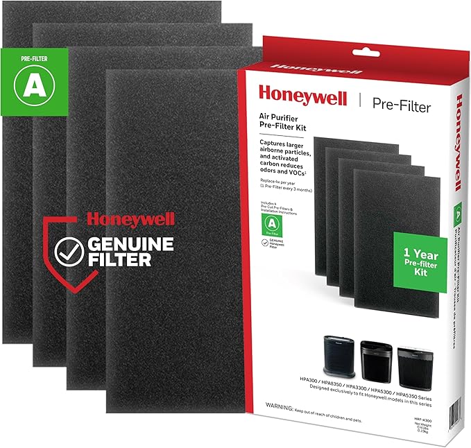 Honeywell HRF-A300 Pre-Filters for Air Purifiers, 4-Pack, Activated Carbon Reduces Household Odors and VOCs, Compatible with Select Honeywell HEPA Air Purifiers