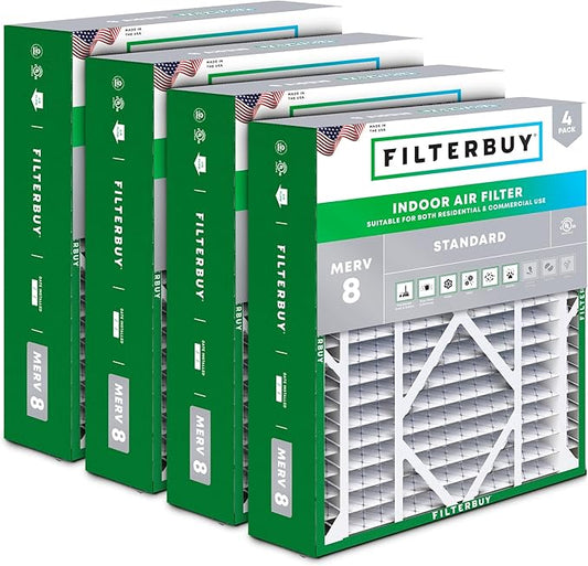 Filterbuy 21x21x5 Air Filter MERV 8 Essential Dust & Allergy Defense (4-Pack), Electrostatic Pleated HVAC AC Furnace Filters Replacement for Rheem, Ruud, & Protech (Actual Size: 20.63 x 20.63 x 4.38)