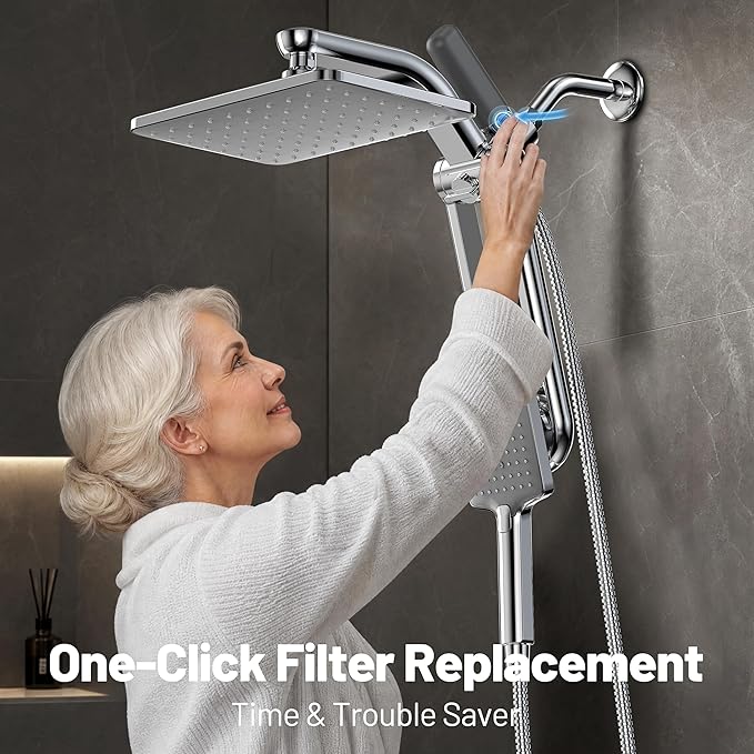 Dual Filtered Rainfall Handheld Shower Head Spray Combo, DAKINGS 7-Mode Shower Head With Handheld Spray Combination, Upgraded 11-Inch High Flow Rain Handheld Spray Combo With Fixed Showerhead, Chrome