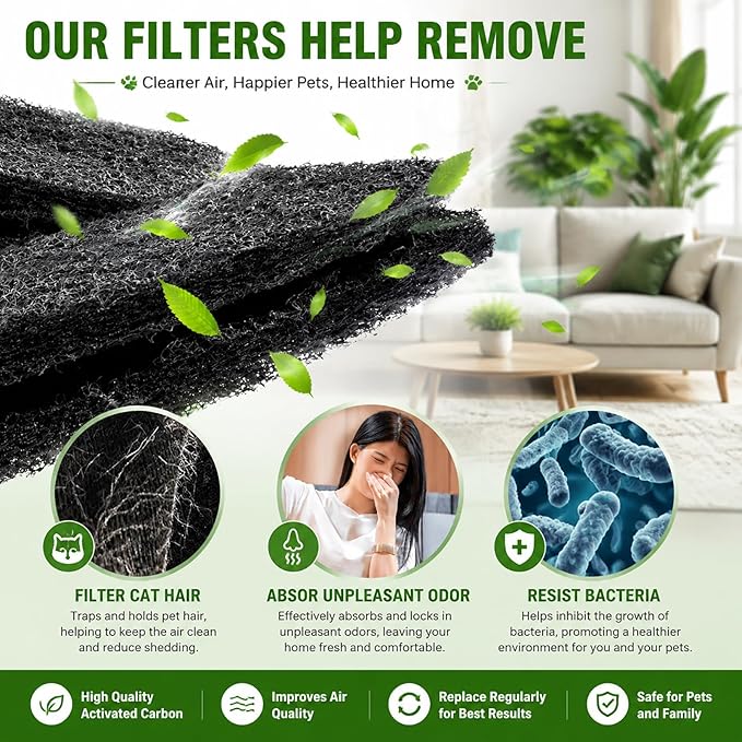 8 Pack 0.5" Thickened Activated Carbon Filters Compatible with LR 4 Connect, Automatic Cat Litter Box Filters Replacement Charcoal Filter Sheet to Absorb Odors Control Pet Damp Keep Home Fresh