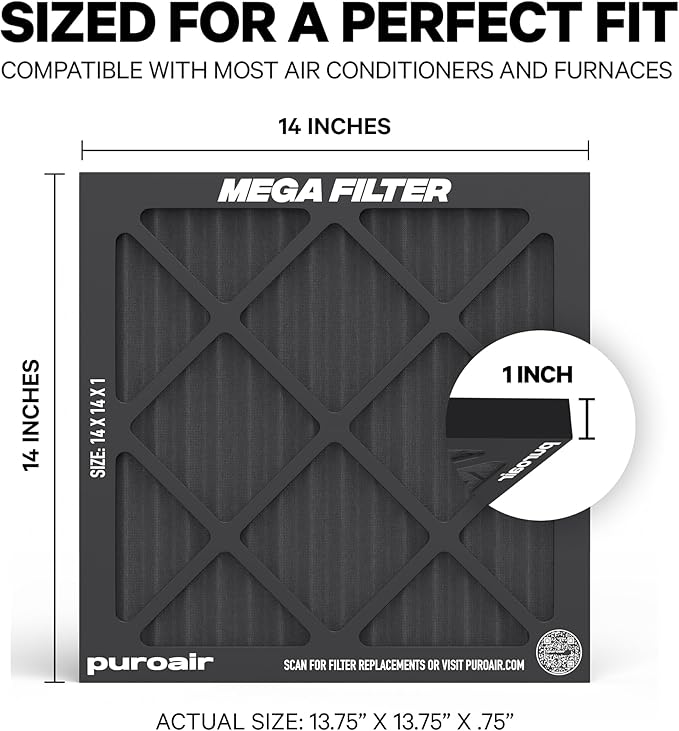 PuroAir MegaFilter - 14x14x1 Air Filter MERV 13 Activated CarbonTech Defense - Heavy Duty 3 Layer Furnace Filters Allergens, Pollen, Dust, Pet Dander, Smoke, Odors - HVAC Air Filter 14x14x1 (4-Pack)