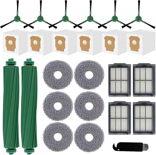 Replacement Parts for iRobot Roomba Plus 405 (G181/G185) Combo, Plus 505/507 Combo Robot Vacuum Cleaner Accessories, 2 Roller Brushes, 4 Filters, 6 Mop Pads, 6 Side Brushes, 6 Vacuum Bags