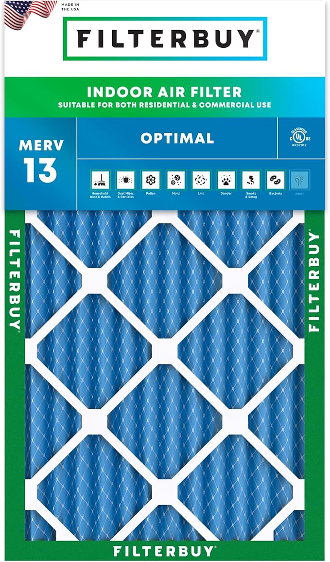 Filterbuy 16x24x2 Air Filter MERV 13 Optimal Smoke & Allergy Defense (1-Pack), Electrostatic Pleated HVAC AC Furnace Filters Replacement, Made in USA (Actual Size: 15.38 x 23.38 x 1.75)