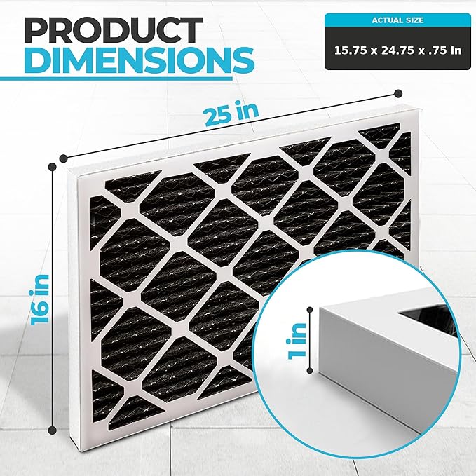 16x25x1 Air Filter MERV 11 Activated Carbon — Pet Dander & Dust Defense, Pollen, Smoke, Allergy Protection — Electrostatic Pleated HVAC AC Furnace Filter Replacement (4-Pack)