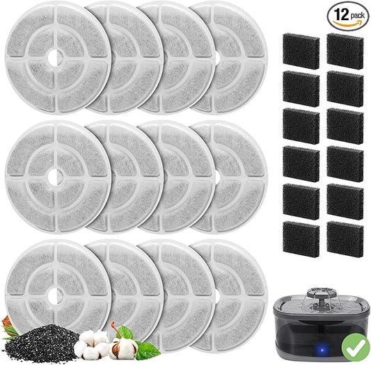 12 Pack Replacement Filters for 2.5Gal/9.5L Dog Fountain, GISOFIK 18CM Larger Cat Water Fountain Filters, Coconut Activated Dog Water Dispenser Filter, Pet Fountain Filter Replacement(6 Pump Filters)
