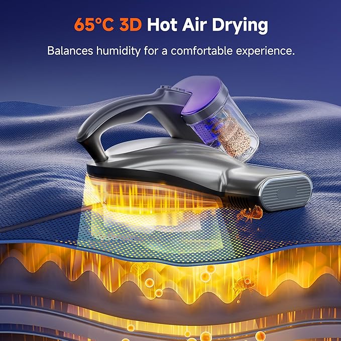 uwant Mattress Vacuum Cleaner, 18KPa Bed Vacuum with 253.7nm UV-C Light, 500W Powerful Handheld Vacuum with 65° Hot Air, 60000 RPM/Min Tapping, Ultrasonic, HEPA Filter for Bed, Sofa, Crib Set of 1