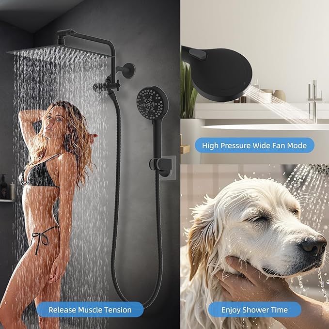 All Metal Shower Head, 8" High Pressure Rainfall/Handheld Shower Combo with 11" Extension Arm, 10-Spray Handheld Showerhead, 71" Long Hose, 3-Way Diverter Valve, Matte Black