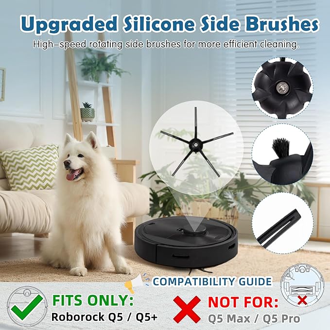 Q5 Replacement Accessories Kit Compatible with Roborock Q5 / Q5+ Plus(Not for Q5 Max / Q5 Pro) Robot Vacuum, 2 Main Brushes, 6 Washable Filters, 8 Side Brushes, 1 Cleaning Tool, 1 Screwdriver