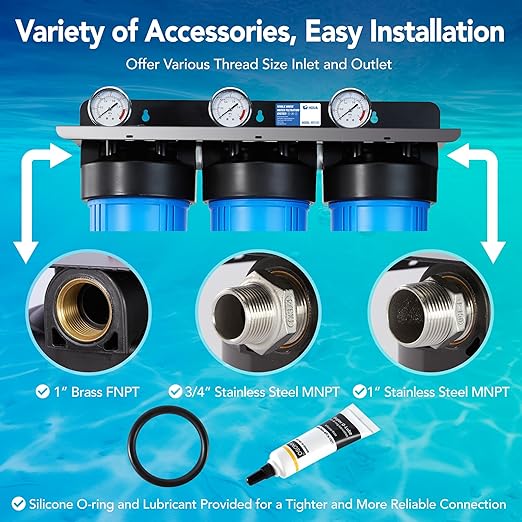 WF3-01 3-Stage Whole House Water Filtration System, Reduces Heavy Metals (Lead, Mercury, Arsenic, Cadmium, Chromium), Chlorine, Sediment, Odor, and VOC’s