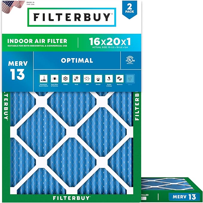 Filterbuy 16x20x1 Air Filter MERV 13 Optimal Smoke & Allergy Defense (2-Pack), Electrostatic Pleated HVAC AC Furnace Filters Replacement, Made in USA (Actual Size: 15.50 x 19.50 x 0.75)