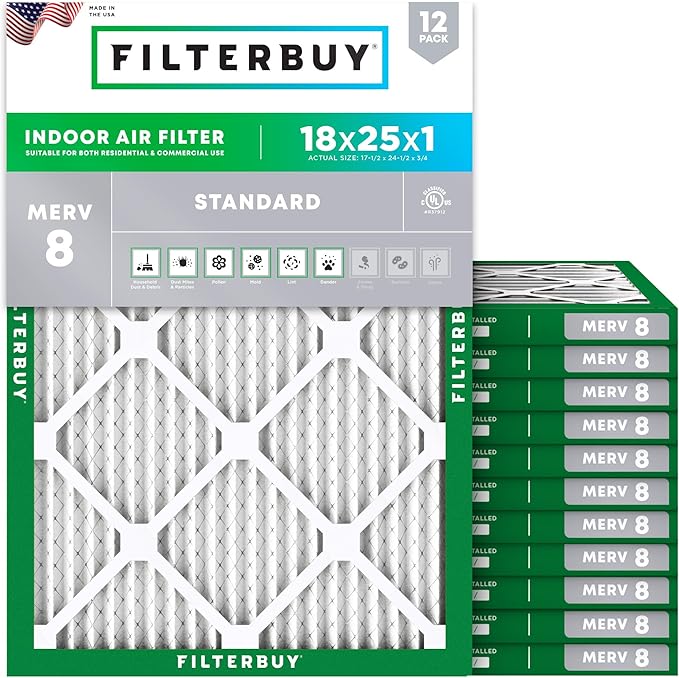 Filterbuy 18x25x1 Air Filter MERV 8 Essential Dust & Allergy Defense (12-Pack), Electrostatic Pleated HVAC AC Furnace Filters Replacement, Made in USA (Actual Size: 17.50 x 24.50 x 0.75)