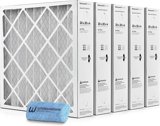 20x20x4 Air Filter Replacement MERV 11, FC100A1011 Pleated HVAC AC Furnace Filters with Wholesalehome Cleaning Cloth, 5-Pack (Actual Size: 19.94 x 19.75 x 4.38 Inches)