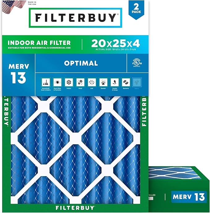 Filterbuy 20x25x4 Air Filter MERV 13 Optimal Smoke & Allergy Defense (2-Pack), Electrostatic Pleated HVAC AC Furnace Filters Replacement, Made in USA (Actual Size: 19.50 x 24.50 x 3.63)