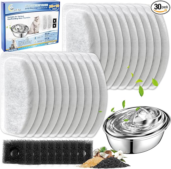 Cat Fountain Filter - 20 Pack & 10 Replacement, Compatible with ORSDA D30 67oz/2L Stainless Steel Pet Water Fountains with Three-Tier Resin Filtration System