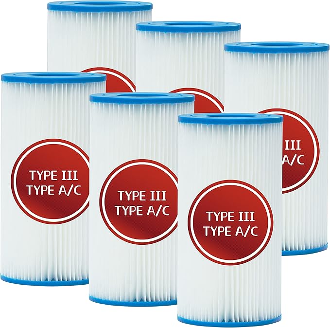 Pool Filter Type A or C, Replacement Cartridge Type III for Swimming Pool Filter Pump, for Cartridge Filter Pump Models #28633EG (6 Pack)