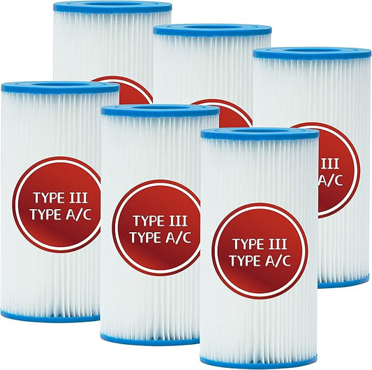 Pool Filter Type A or C, Replacement Cartridge Type III for Swimming Pool Filter Pump, for Cartridge Filter Pump Models #28633EG (6 Pack)