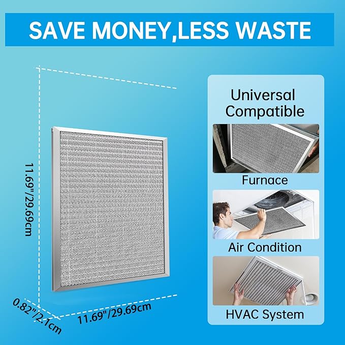 UBeesize 12x12x1 Air Filter (Fits 12x12 Slots, Actual Size: 11.69x11.69x0.82 Inch) - Reusable, Washable, MERV 8 HVAC AC Furnace Filter