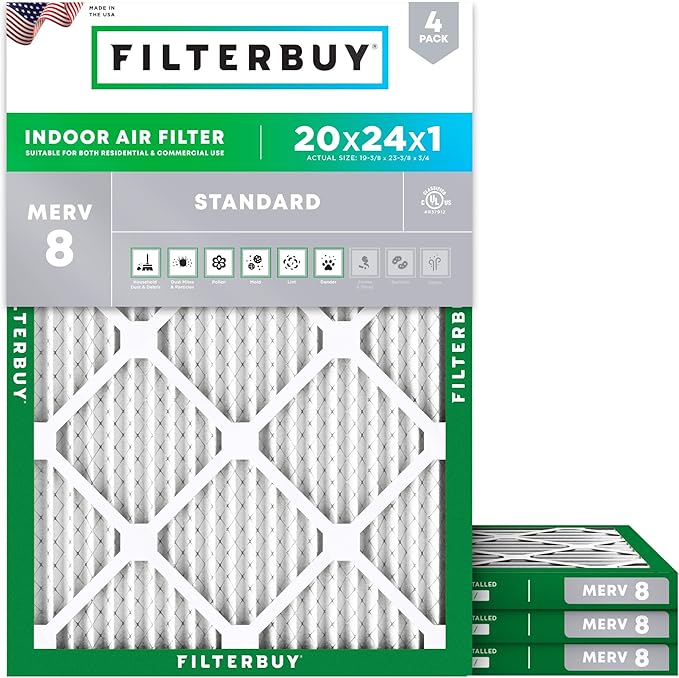Filterbuy 20x24x1 Air Filter MERV 8 Essential Dust & Allergy Defense (4-Pack), Electrostatic Pleated HVAC AC Furnace Filters Replacement, Made in USA (Actual Size: 19.38 x 23.38 x 0.75)