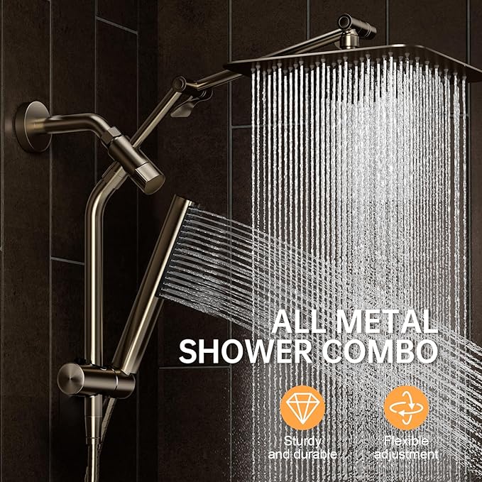 Veken All Metal 10" Brushed Nickel Shower Head with Handheld, Luxurious Square High Pressure Double Rain Shower Heads with Power-wash Hand Held, Dual Detachable Rainfall Showerhead,Bathroom Upgrade