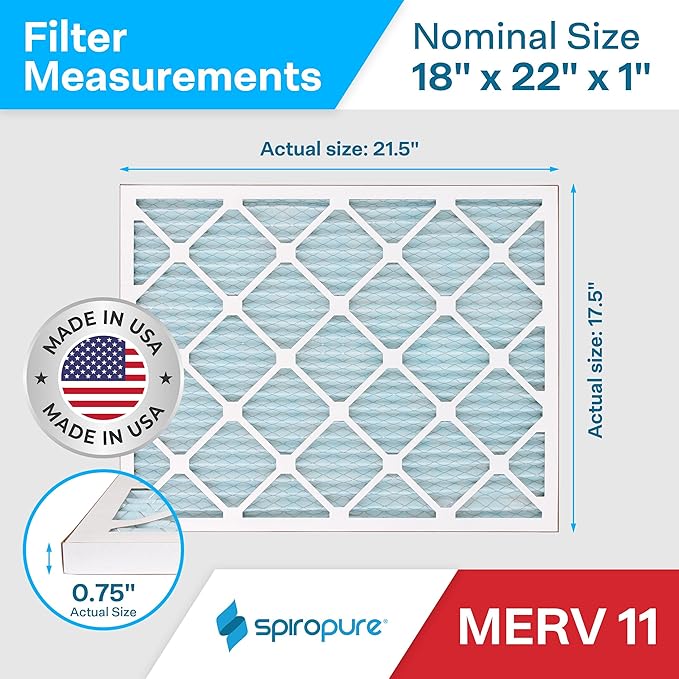 SpiroPure 18X22X1 MERV 11 Pleated Air Filters (6 Pack)