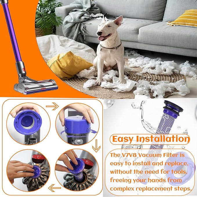 6 Pack Vacuum Filter Replacement Kit for Dyson V7, V8 Animal and V8 Absolute Cordless Vacuum, 3 Post Filter, 3 Pre Filter, Replaces Part # 965661-01 & 967478-01