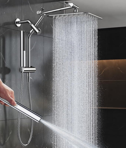 Veken All Metal 10" Shower Head with Handheld, Luxurious Square Double Rain Shower Heads,Power Wash Wand,Dual High Pressure Detachable Rainfall Showerhead with Spray Combo,Extension Arm,Chrome,Sliver