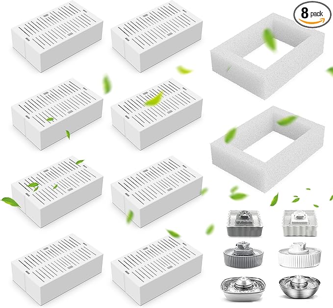 8 Pack Ceramic Cat Fountain Filter Replacement, Triple Cupcake Cat Fountain Filters, 8 Pet Fountain Carbon Filters and 2 Foam Filters for Ceramic/Cupcake Cat Water Fountain （8 Filters）