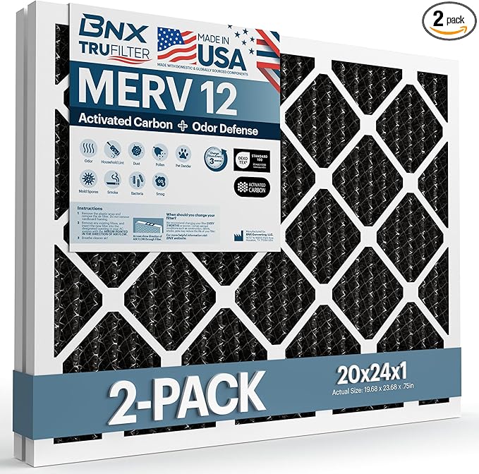 BNX TruFilter 20x24x1 MERV 12 Odor Defense (2-Pack) AC Furnace Air Filter with Activated Carbon - MADE IN USA - Pleated Air Conditioner HVAC AC Furnace Filters - Removes Odor, Mold, Bacteria, Smoke