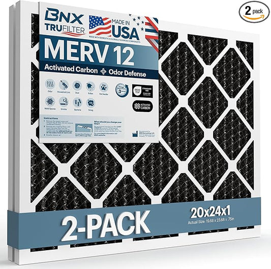 BNX TruFilter 20x24x1 MERV 12 Odor Defense (2-Pack) AC Furnace Air Filter with Activated Carbon - MADE IN USA - Pleated Air Conditioner HVAC AC Furnace Filters - Removes Odor, Mold, Bacteria, Smoke
