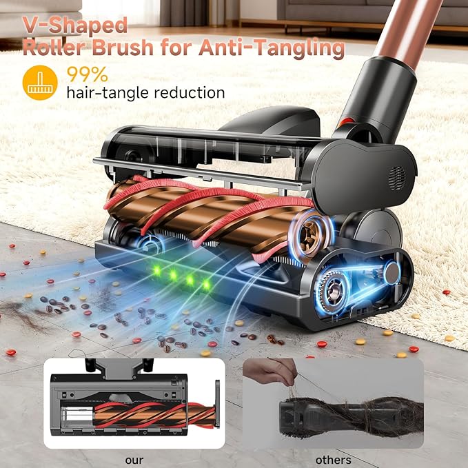 Cordless Stick Vacuum Cleaner - 45KPA Powerful Suction Vacuum with 45 Min Runtime, Detachable Battery, Anti-Tangle & 1.5L Dust Cup, 8 in 1 Vacuum Cleaner for Pet Hair, Carpet, HardFloor, Gold