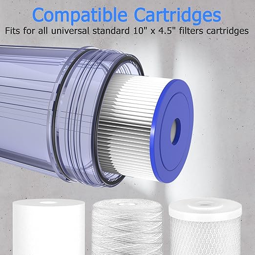 WHT10 Whole House Water Filter Housing, Fit 10"x4.5" Sediment etc Filters for Well and City Water, Big Filter Blue Pre-Filtration System for Home, 1" NPT Port, Pressure Release (Clear Housing)