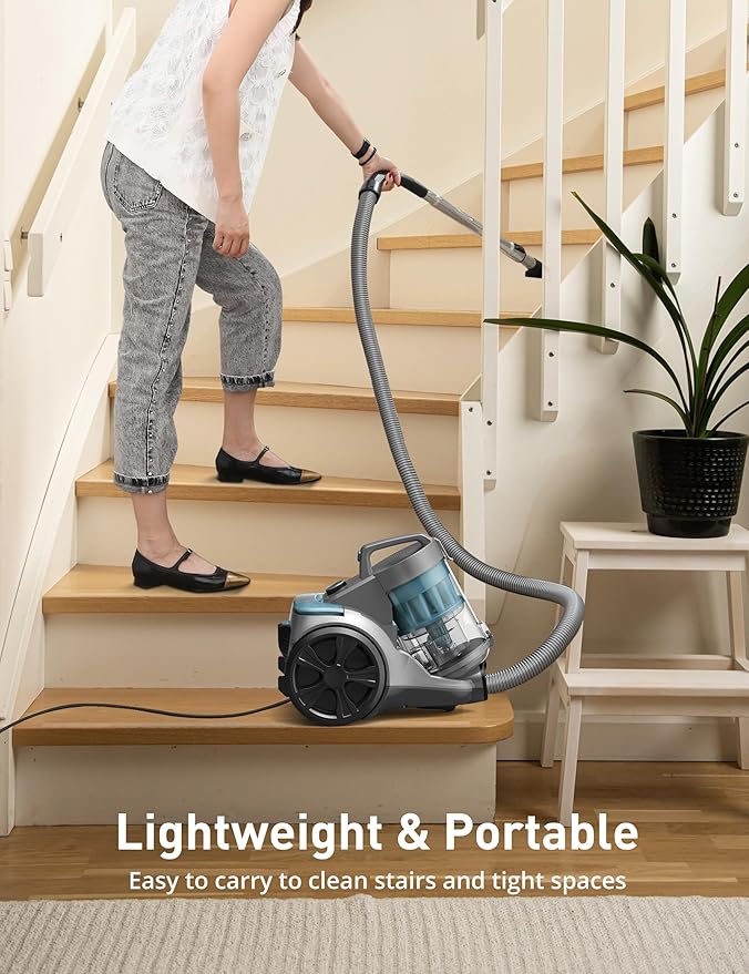 Aspiron 1700W Canister Vacuum Cleaner, 45Kpa Bagless Vacuum Cleaner, Multi-Cyclonic Filtration, 2 Anti-Allergen HEPA Filters, 3.5QT Dust Cup, 4 Tools, No Hair Tangles for Hard Floor, Pet Hair, Teal