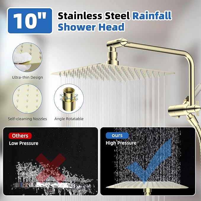 All Metal Shower Head, 10" High Pressure Rainfall/Handheld Shower Combo with 11" Extension Arm, 10-Spray Handheld Showerhead, 71" Long Hose, 3-Way Diverter Valve, Shiny Gold