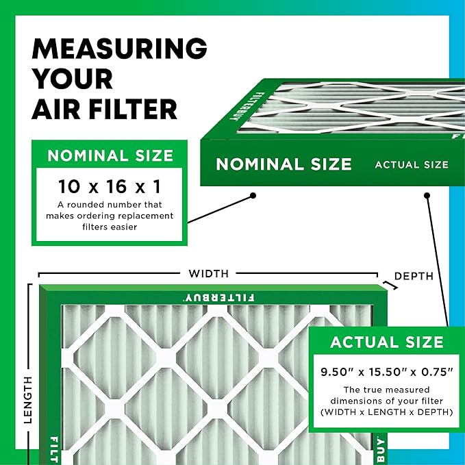 Filterbuy 10x16x1 Air Filter MERV 8 Essential Dust & Allergy Defense (1-Pack), Electrostatic Pleated HVAC AC Furnace Filters Replacement, Made in USA (Actual Size: 9.50 x 15.50 x 0.75)