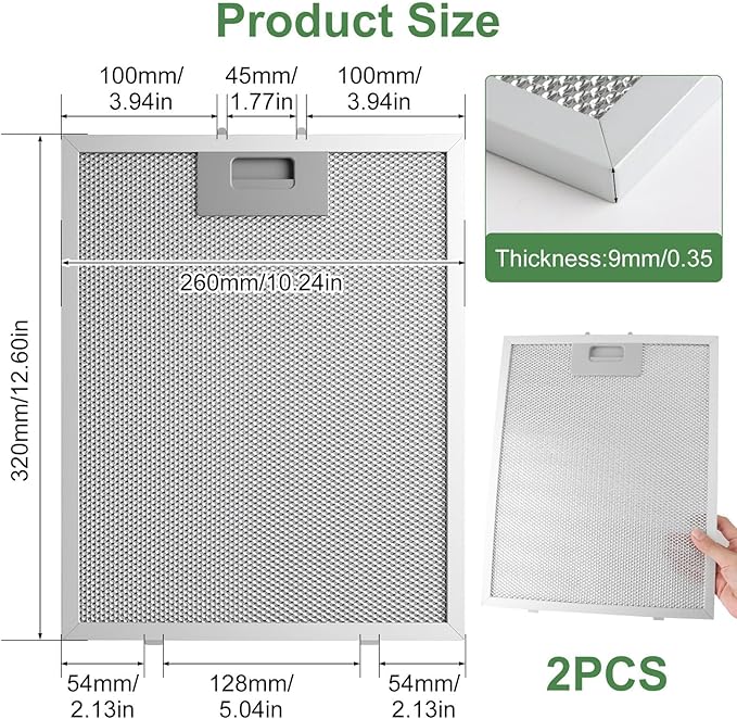 2 Pack Metal Cooker Hood Filter Replacement 320 x 260 x 9 mm, Kitchen Aluminium Extractor Fan Filter, 5-Layer Mesh Kitchen Hood Grease Filters for Many Leading Brand of Vent Cooker Hood