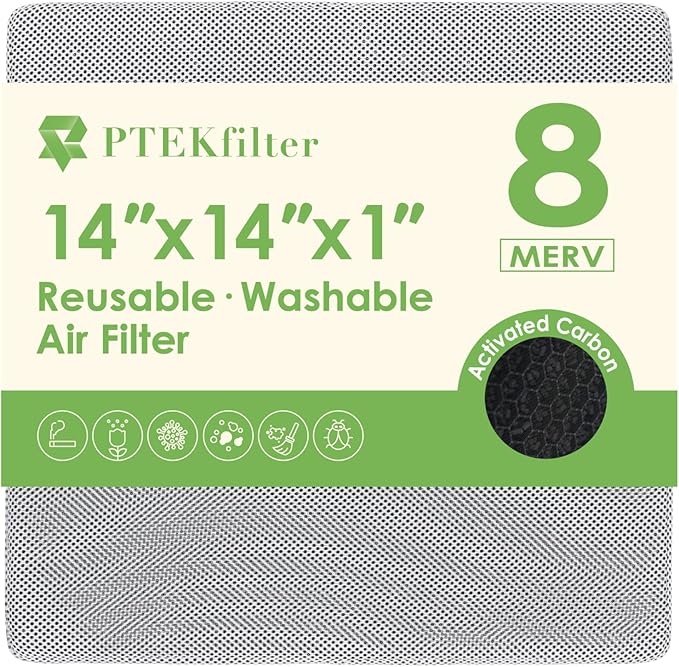 14x14x1 Washable & Reusable Air Filter with Activated Carbon Layer, MERV 8 Air Filters for AC HVAC Furnace, Machine Washable & Dryer Friendly
