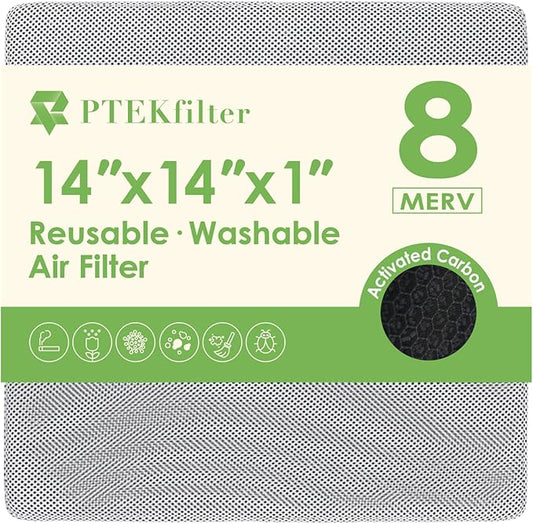 14x14x1 Washable & Reusable Air Filter with Activated Carbon Layer, MERV 8 Air Filters for AC HVAC Furnace, Machine Washable & Dryer Friendly