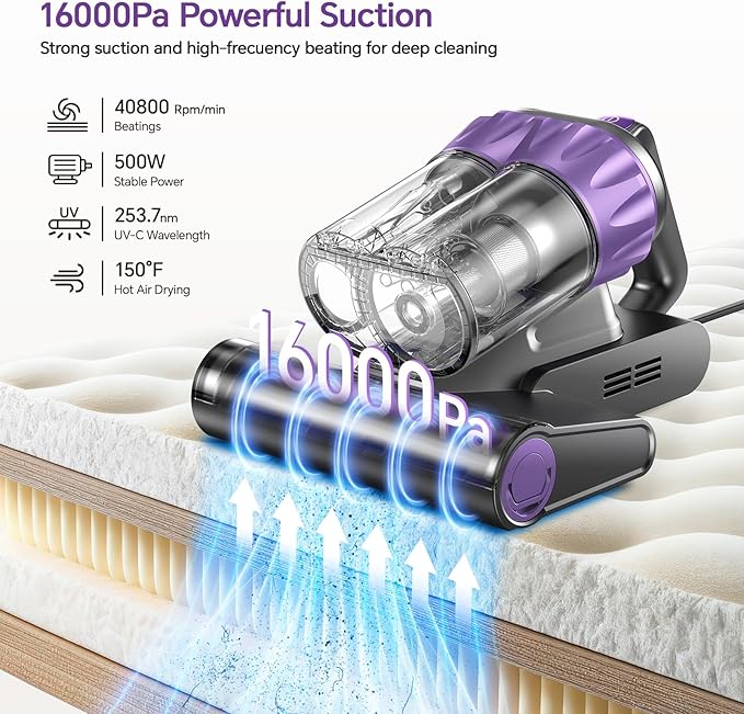 Mattress Vacuum Cleaner 18Kpa Bed Vacuum Cleaner with Smart Dust Sensor,253.7nm UV-C Light,HEPA Filter,150°F Heat,500W Powerful Handheld,for Bed,Sofa,Couch,Crib Gift Ideas for Women