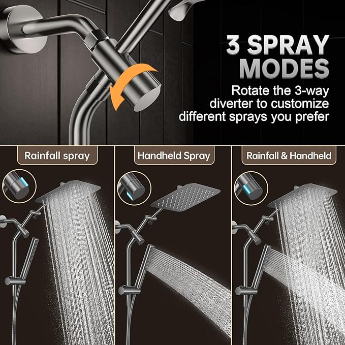 Veken All Metal 10" Gunmetal Gray Shower Head with Handheld, Luxurious Square Double Rain Shower Heads with Spray Combo, Dual High Pressure Detachable Rainfall Showerhead with Extension Arm, Long Hose