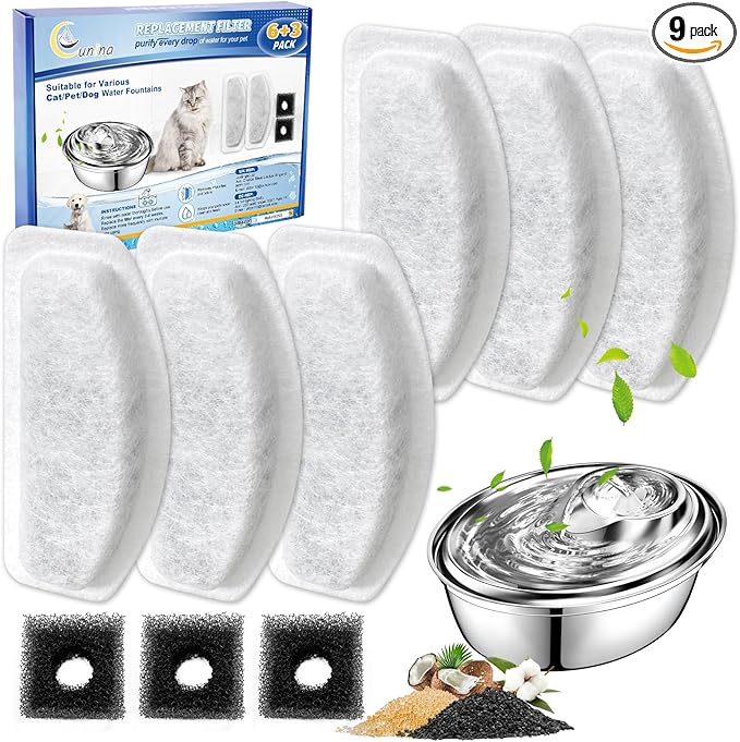 Cat Water Fountain Filter Replacement, 6 Pack Cat Fountain Filters & 3 Pack Replacement Pre-Filter Sponges for D30 Automatic Cat Fountain, Compatible with ORSDA D30 67oz/2L Pet Water Fountains