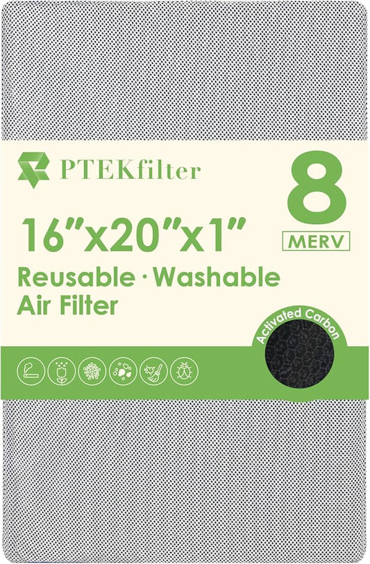 16x20x1 Washable & Reusable Air Filter with Activated Carbon Layer, MERV 8 Air Filters for AC HVAC Furnace, Machine Washable & Dryer Friendly