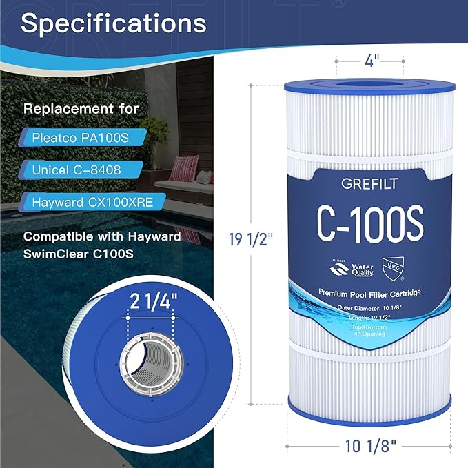 C100S Pool Filter Cartridge, Compatible with Hayward SwimClear C100S, CX100XRE, Replaces Ultral-D3, 100 sq.ft