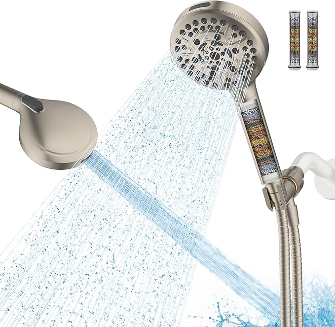 Hibbent Filtered Shower Head with Handheld, High Pressure 10 Spray Showerhead with 3 Filters, Water Softener for Hard Water-Remove Chlorine, Reduces Dry Itchy Skin, Improve Skin& Hair, Brushed Nickel